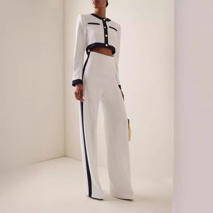 Damen Kurzgeschnittenes Cropped-Tailoring-Set mit Kontrastpaspel und High‑Waist Palazzo-Hose – Avélisse