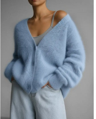 Damen Flauschige Mohair-Optik Strickjacke mit V-Ausschnitt und Oversize-Schnitt Echoarchiv