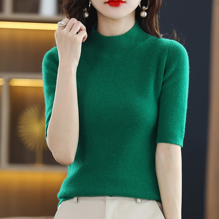 Damen Kurzarm-Feinstrickpullover mit Stehkragen und taillierter Passform Echoarchiv