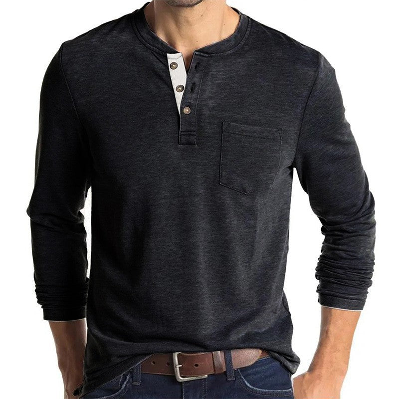 Herren Langarmshirt mit modernem Henley-Kragen und Brusttasche Echoarchiv