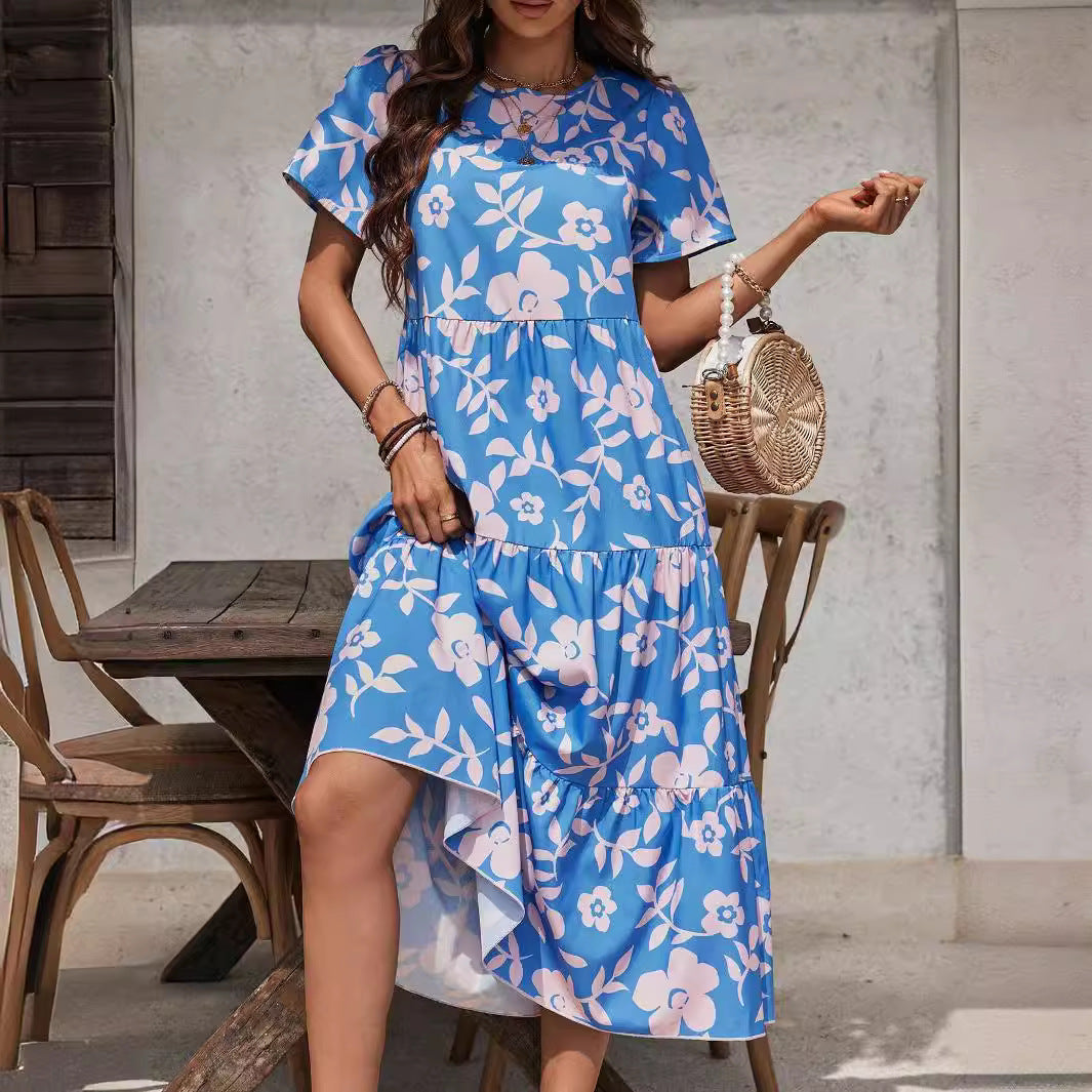 Damen nan luftiges Stufenmidikleid mit hoher Taillennaht, kurzem Ärmel und durchgehendem Blumenmuster Echo Archiv
