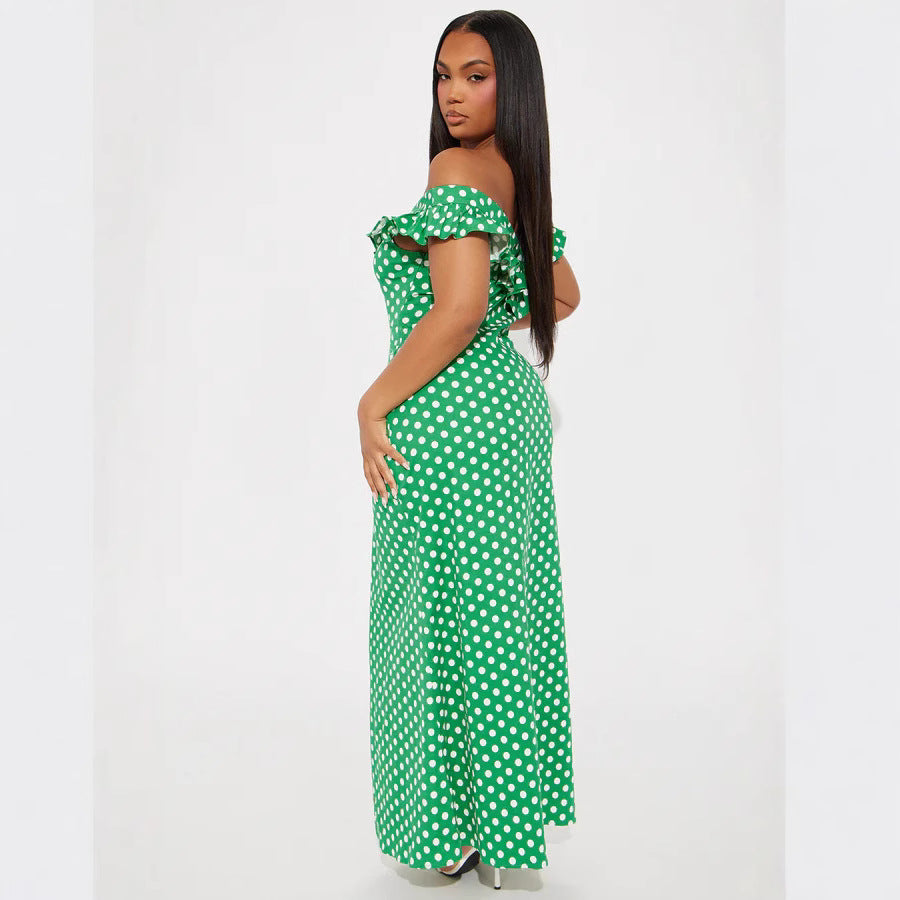 Damen Elegantes Maxikleid mit Rüschendetails und Polka-Dots Echo Archiv