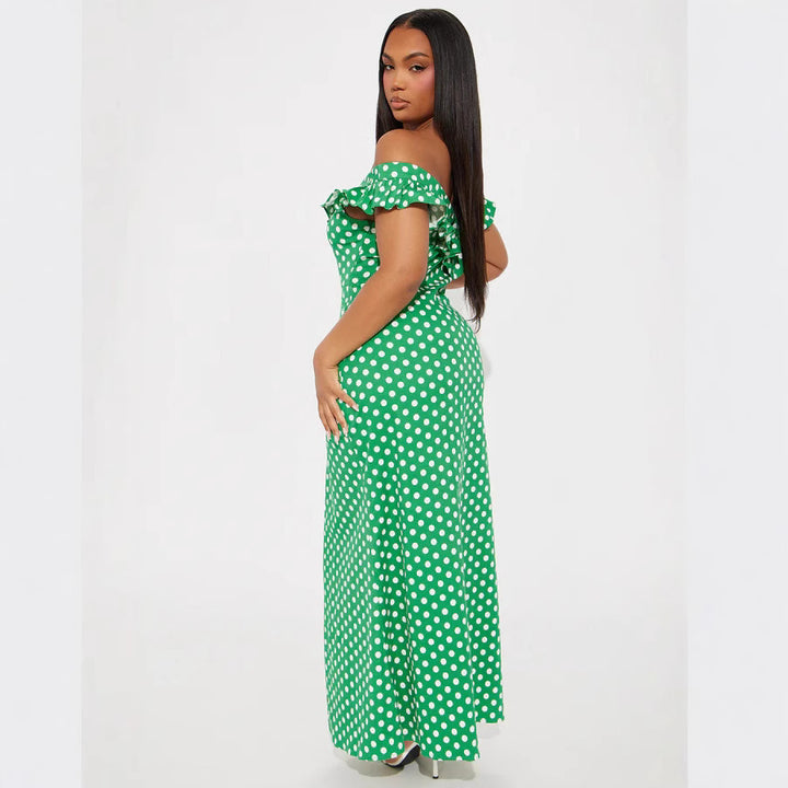Damen Elegantes Maxikleid mit Rüschendetails und Polka-Dots Echo Archiv