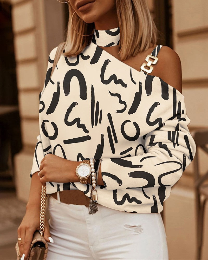 Damen asymmetrisches Off-Shoulder Langarmshirt mit Choker-Kragen und Schulterträgern – Avérine