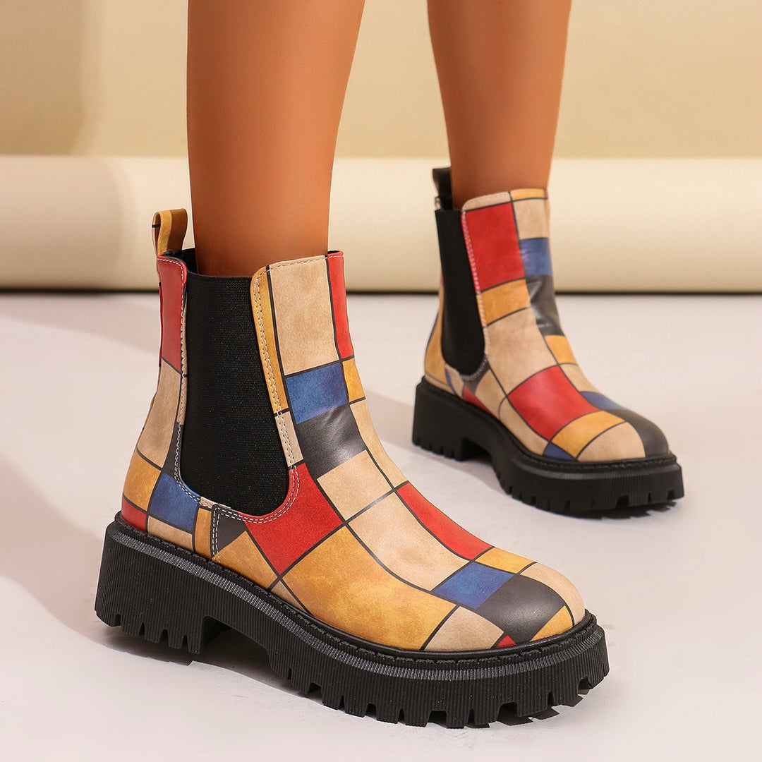 Damen Chunky Chelsea‑Boots mit buntem geometrischem Patchwork und markanter Lug‑Sohle Echo Archiv