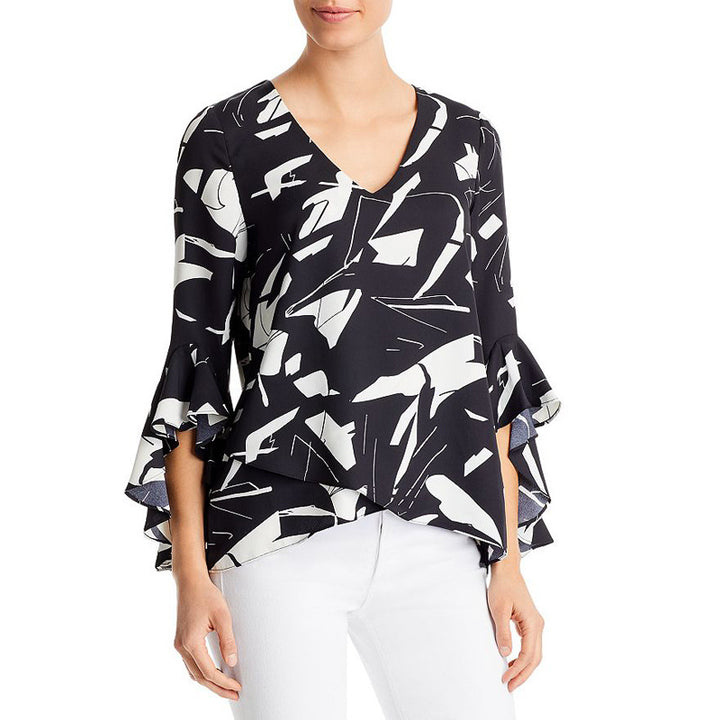 Damen Chiffon-Bluse mit V-Ausschnitt, asymmetrischem Saum und Volant-Ärmeln – Avérine