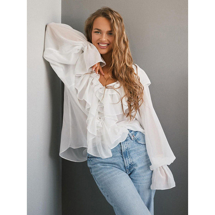 Damen Luftige Rüschenbluse aus Chiffon mit Oversize-Schnitten Echoarchiv