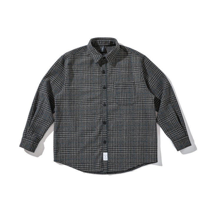 Unisex Kastenförmiges Overshirt aus Wollmix mit Glencheck, Brusttasche und gerundetem Saum Echo Archiv