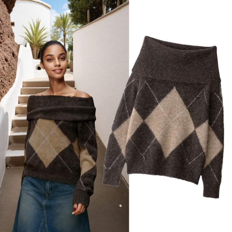 Damen Oversized Strickpullover mit Rollkragen und Rautenmuster Echo Archiv