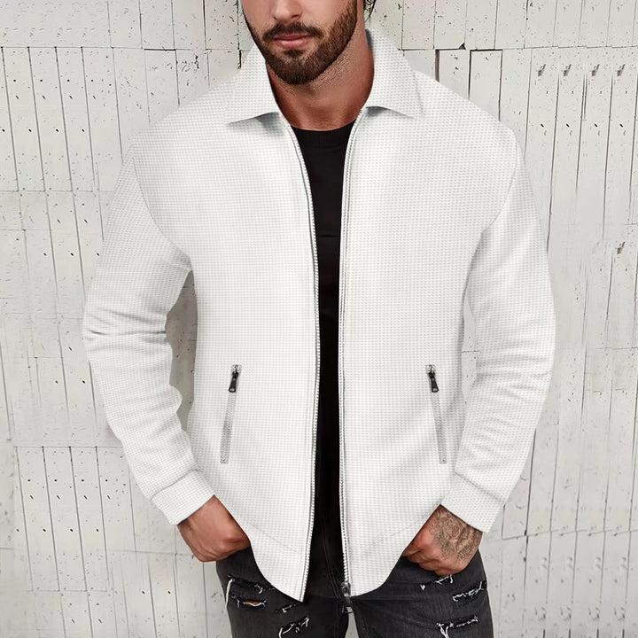 Herren minimalistische Stehkragen-Feinstrick-Übergangsjacke mit Zwei-Wege-Reißverschluss und verdeckten Reißverschlusstaschen – Taviero