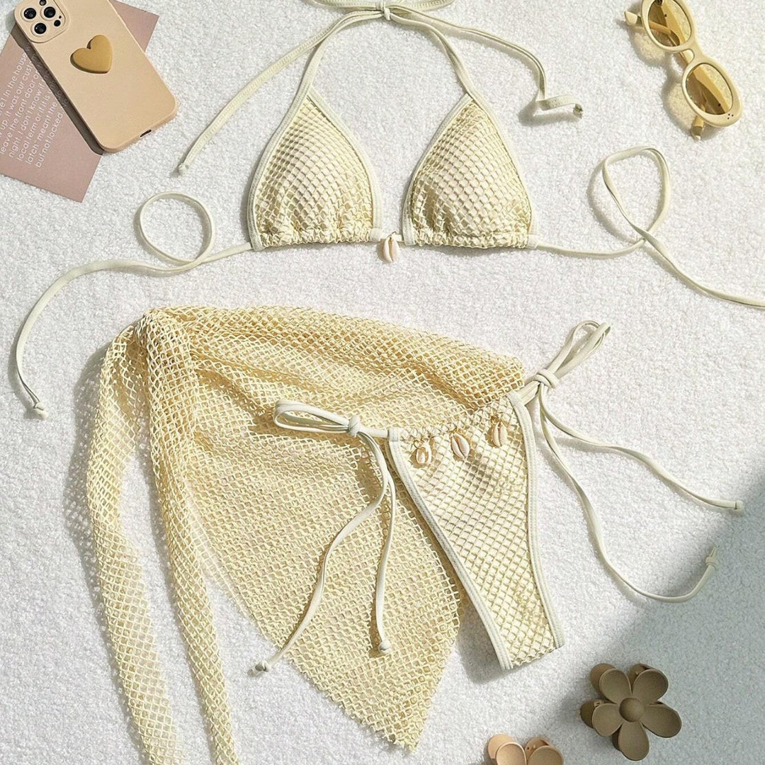 Damen Triangel-Bikini mit transparentem Netzgewebe und Schnürdetails Echo Archiv
