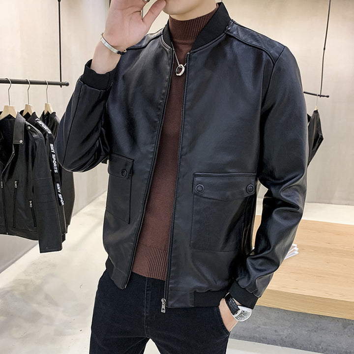 Herren Kunstleder-Bomberjacke im Aviator-Minimalstil mit Pattentaschen und Rippbündchen Echoarchiv