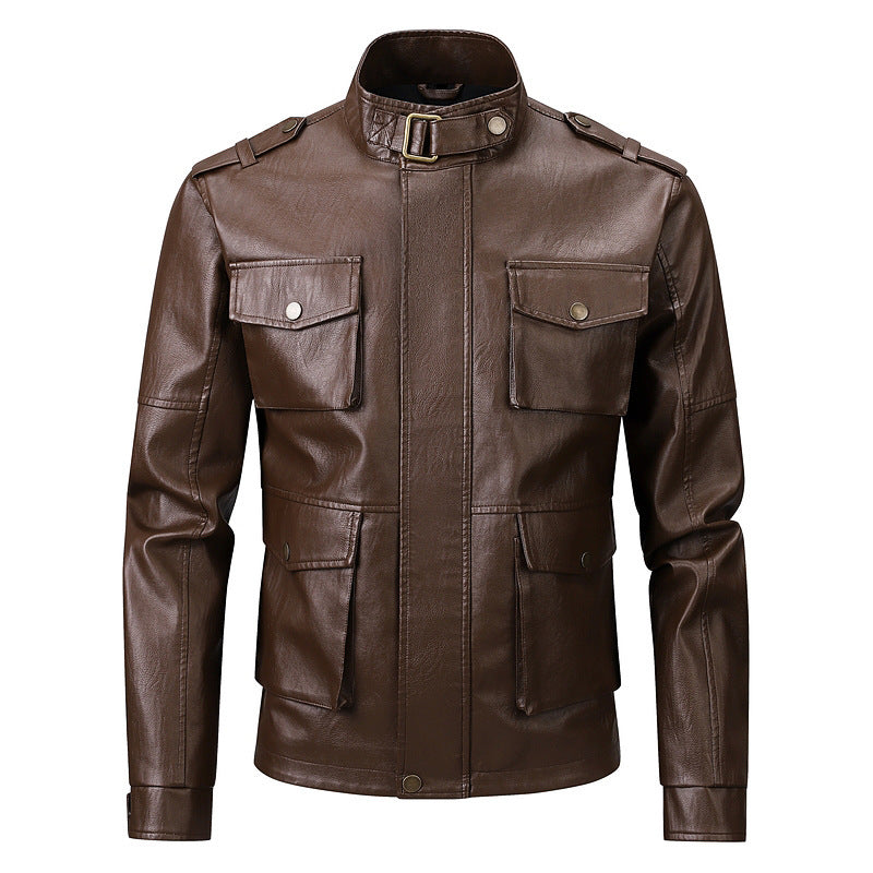 Herren Militärjacke aus Kunstleder mit praktischen Taschen und hohem Kragen Echoarchiv