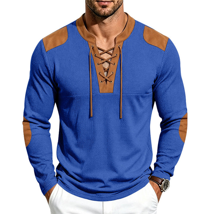 Herren Langarm-Waffelshirt mit Schnürkragen und Kunstlederapplikationen – Marzano