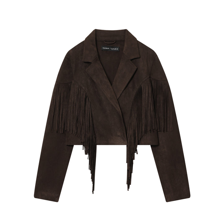 Damen kurze Wildlederjacke mit Reverskragen, kastigem Cropped‑Schnitt und dekorativen Fransen – Célinea