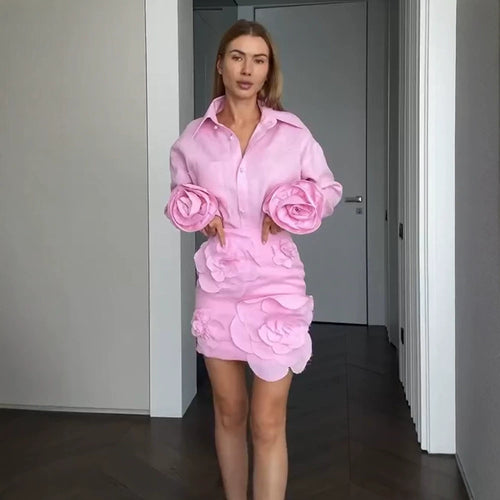 Damen Hemdblusen-Minirock-Set mit voluminösen 3D-Rosenapplikationen und Perlendetails Echoarchiv