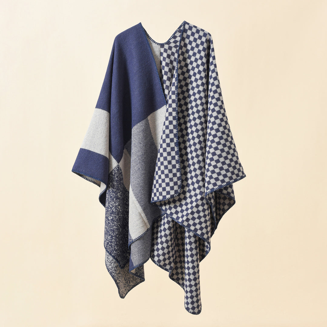 Damen Wendbarer Karomuster-Capeponcho aus Wollmix mit kastigem Oversize-Fall Echo Archiv