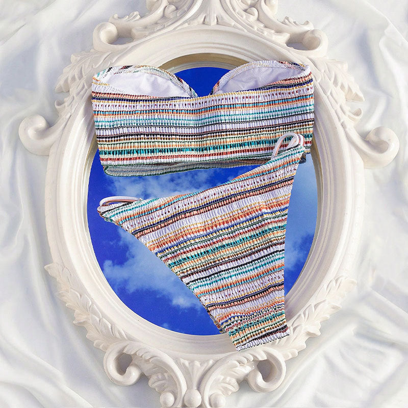 Damen Bandeau-Bikini mit raffinierten Rüschen und buntem Streifenmuster Echo Archiv