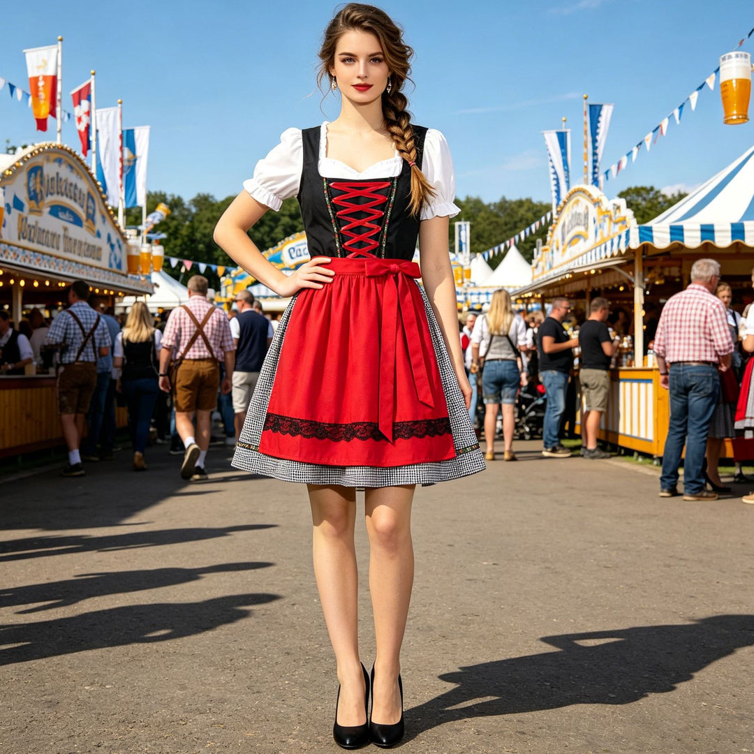 Damen nan kurzes traditionelles Dirndlkleid mit geschnürtem Mieder, Puffärmel-Bluse und aufgesetzter Schürze Echo Archiv