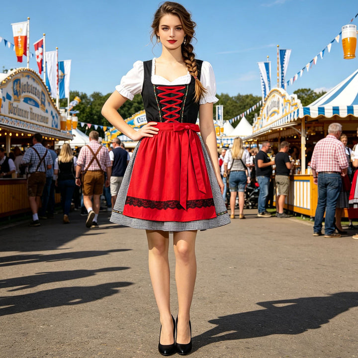 Damen nan kurzes traditionelles Dirndlkleid mit geschnürtem Mieder, Puffärmel-Bluse und aufgesetzter Schürze Echo Archiv
