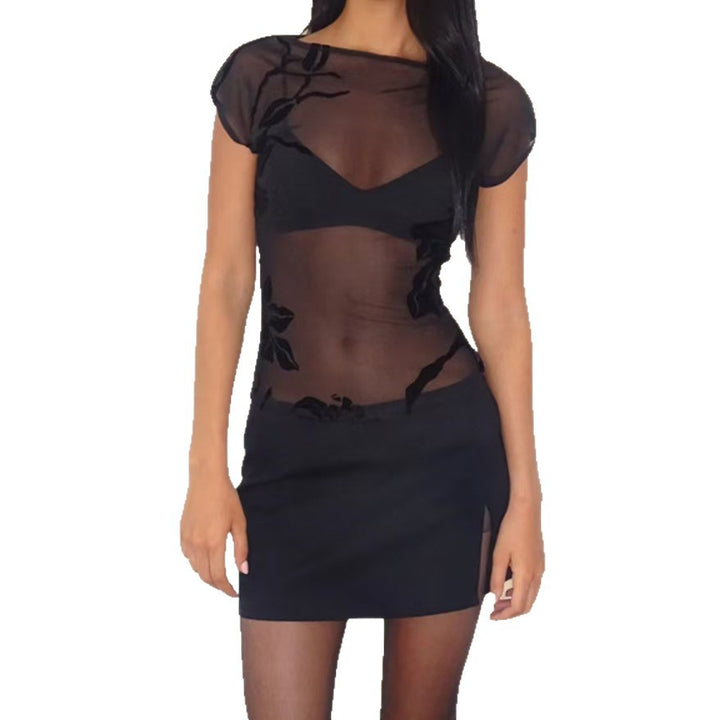 Damen Verspieltes Minikleid mit transparentem Oberteil und floralen Akzenten Echo Archiv