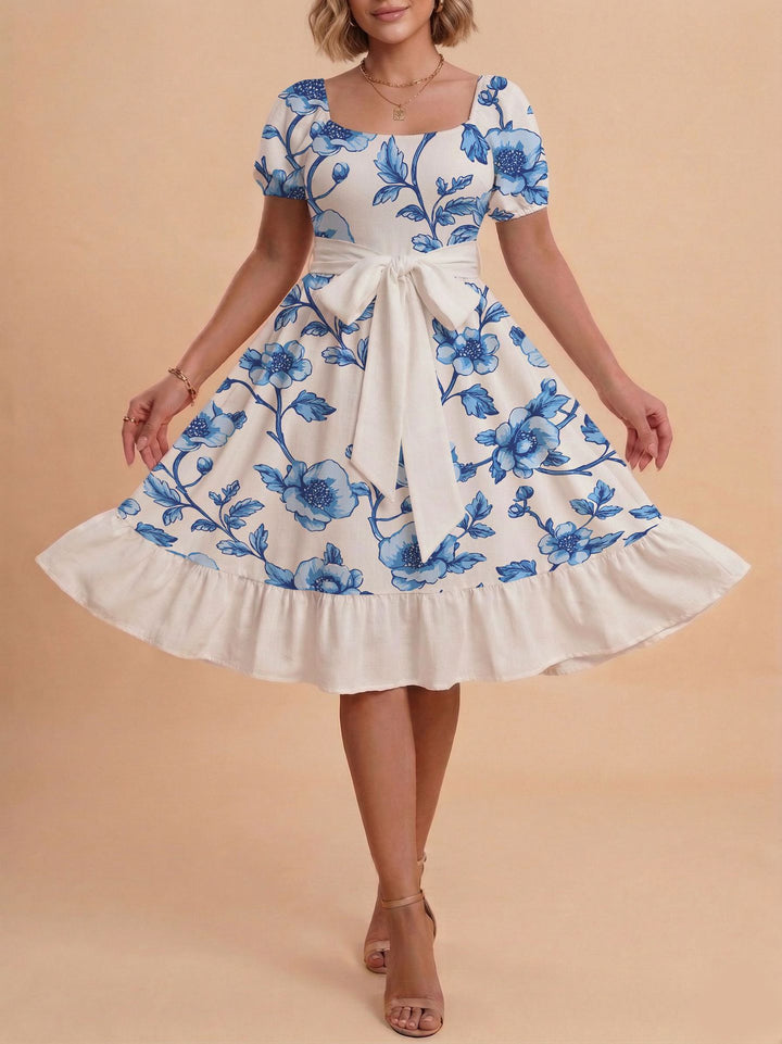 Damen Retro Maxikleid mit Puffärmeln und Taillengürtel Echo Archiv