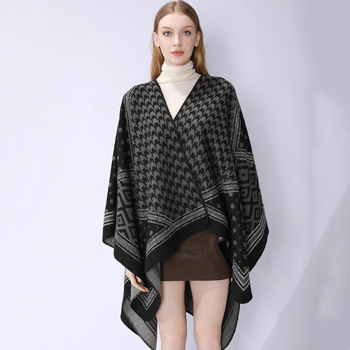 Damen Gewebter Jacquard‑Capeponcho mit Hahnentritt‑ und Ornamentmix Echo Archiv