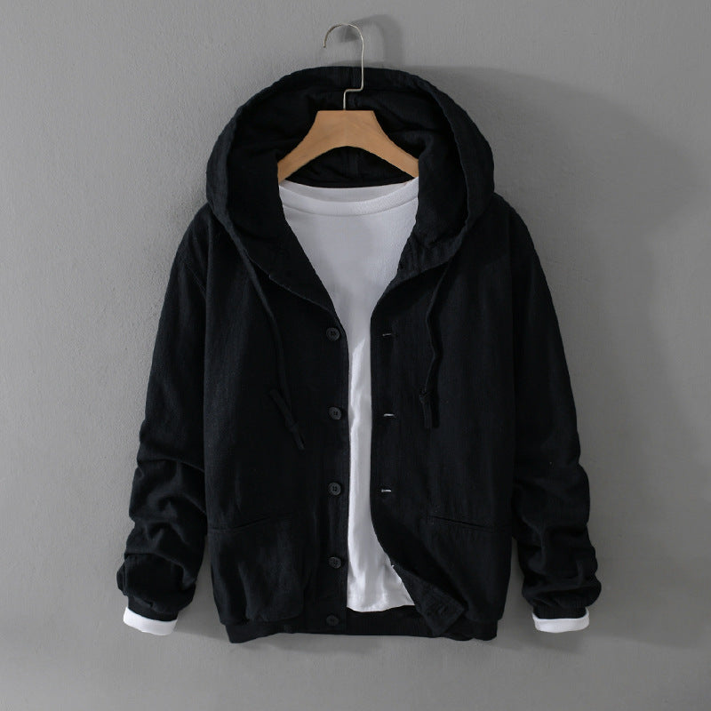 Herren Leichte Leinen-Hoodiejacke mit Knopfleiste und Kordelzug Echoarchiv