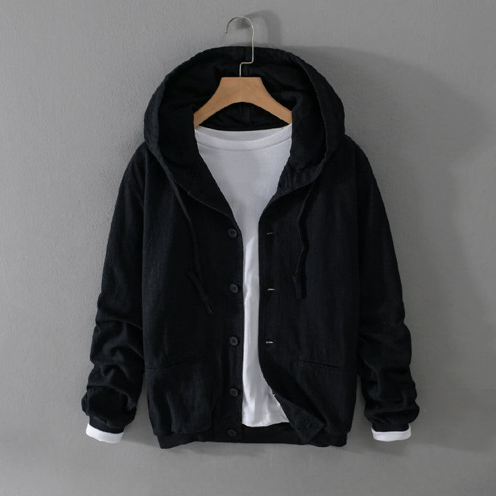 Herren Leichte Leinen-Hoodiejacke mit Knopfleiste und Kordelzug Echoarchiv