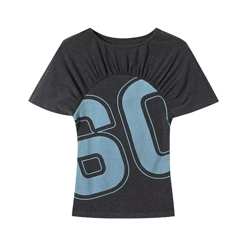 Damen lässiges Kurzarm-T-Shirt mit Raffung und grafischem Druck Echo Archiv