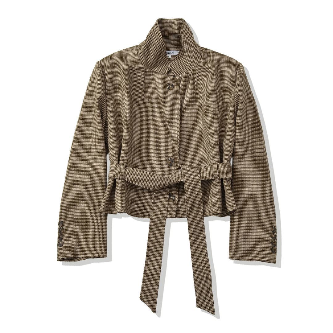 Damen Cropped Blazer mit Taillengürtel, Hahnentrittstruktur und Reverskragen Echo Archiv