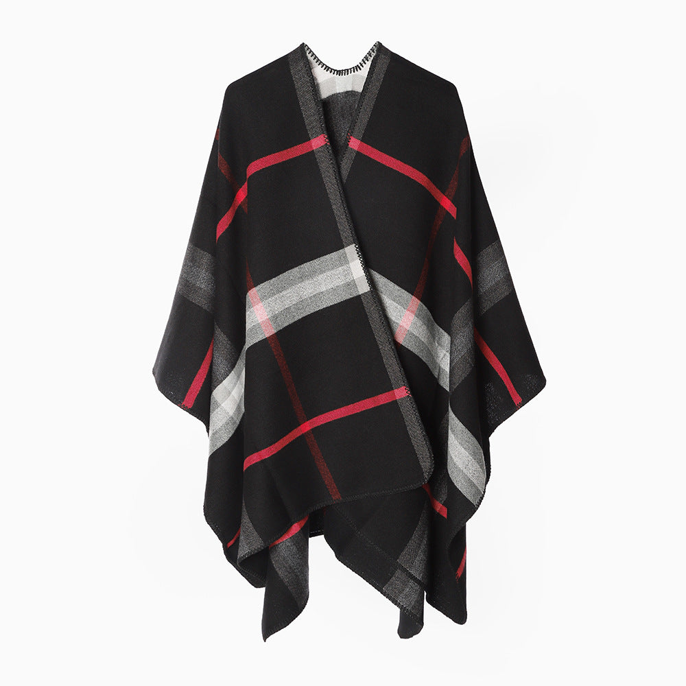Damen Karierter Wollmix‑Poncho im Oversize‑Cape‑Schnitt mit Zierstichkante Echo Archiv