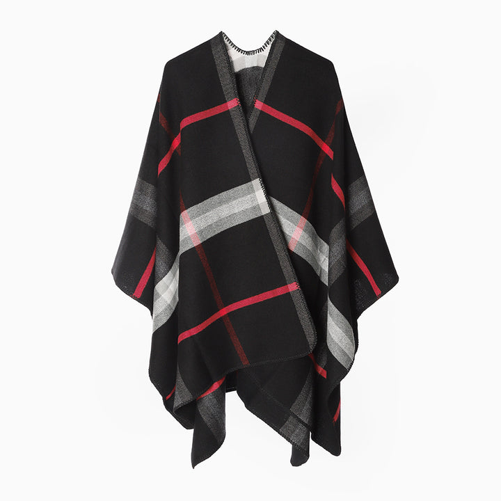 Damen Karierter Wollmix‑Poncho im Oversize‑Cape‑Schnitt mit Zierstichkante Echo Archiv