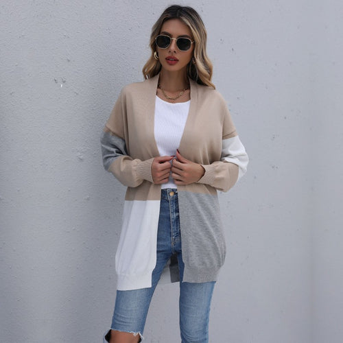 Damen Langer Colorblock-Feinstrickcardigan mit offener Front und überschnittener Schulter – Veloura
