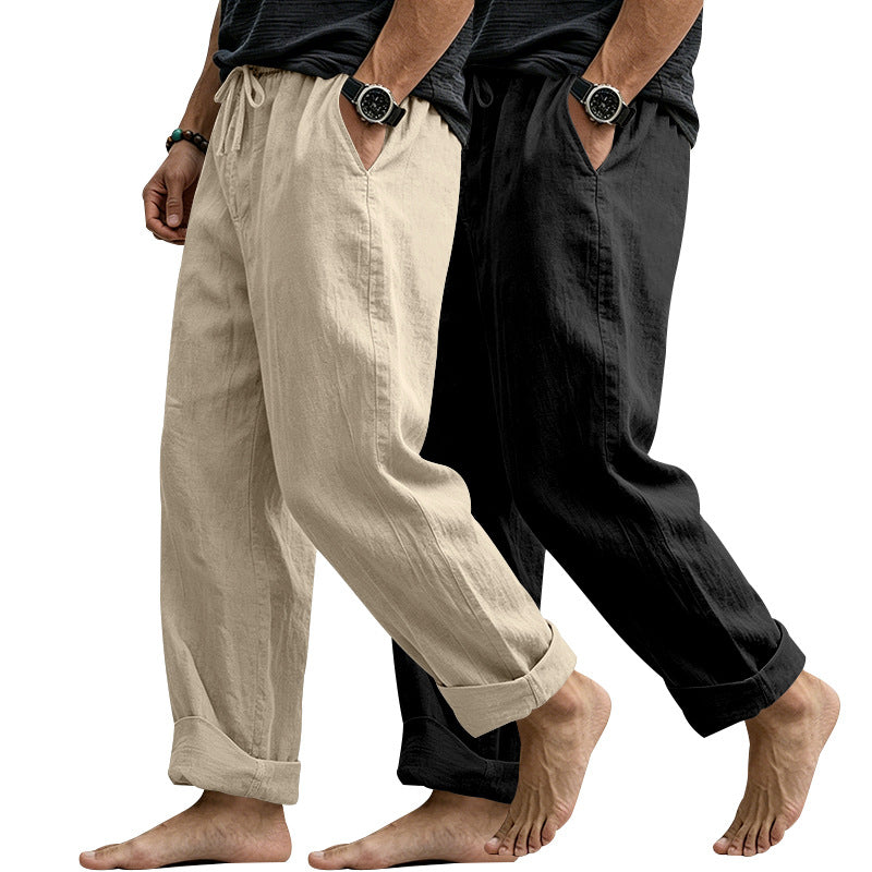 Herren Leinenmix-Loungehose mit elastischem Bund, Kordelzug und lockerer Passform Echoarchiv