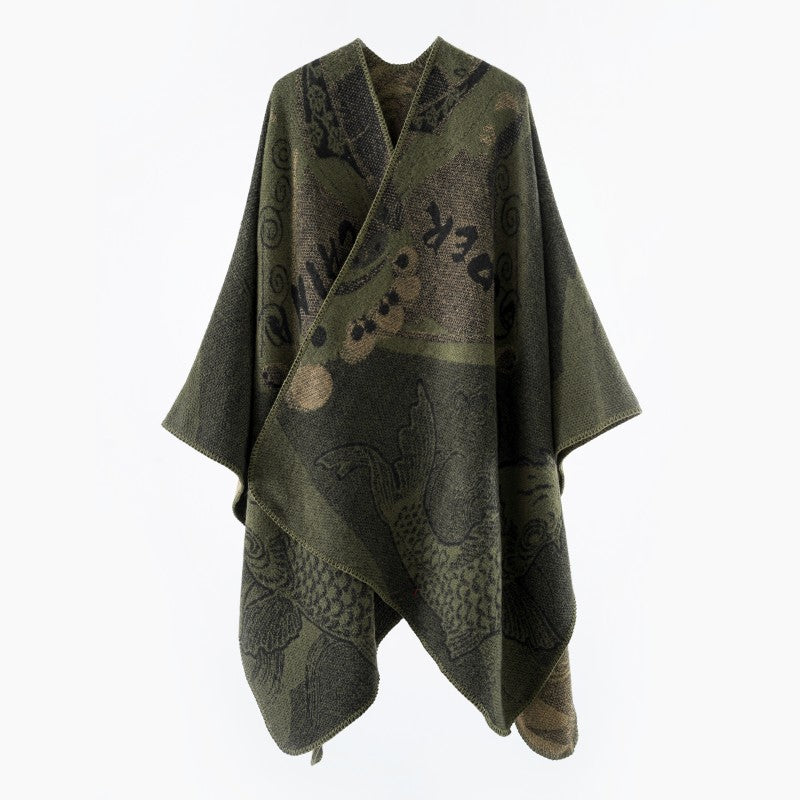 Damen Jacquard-Strick Cape mit Koi-Motiv und weitem Oversize-Fall Echo Archiv