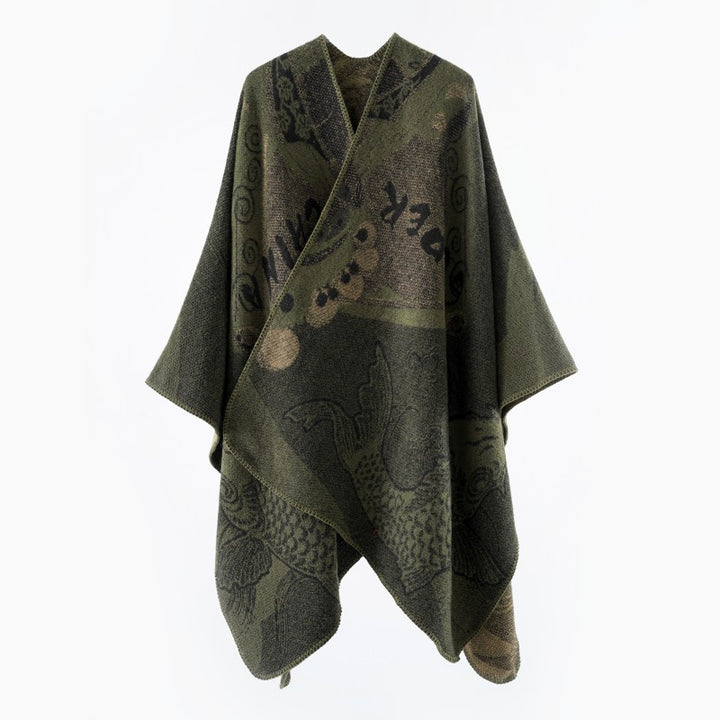 Damen Jacquard-Strick Cape mit Koi-Motiv und weitem Oversize-Fall Echo Archiv