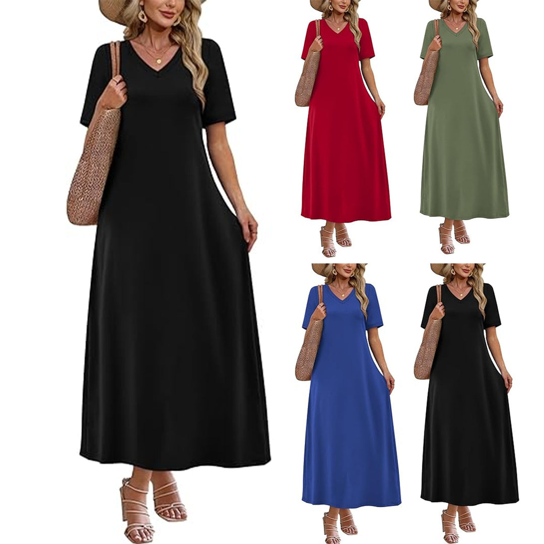 Damen Langes A-Linien-Maxikleid mit V-Ausschnitt, Kurzarm und Eingrifftaschen Echoarchiv