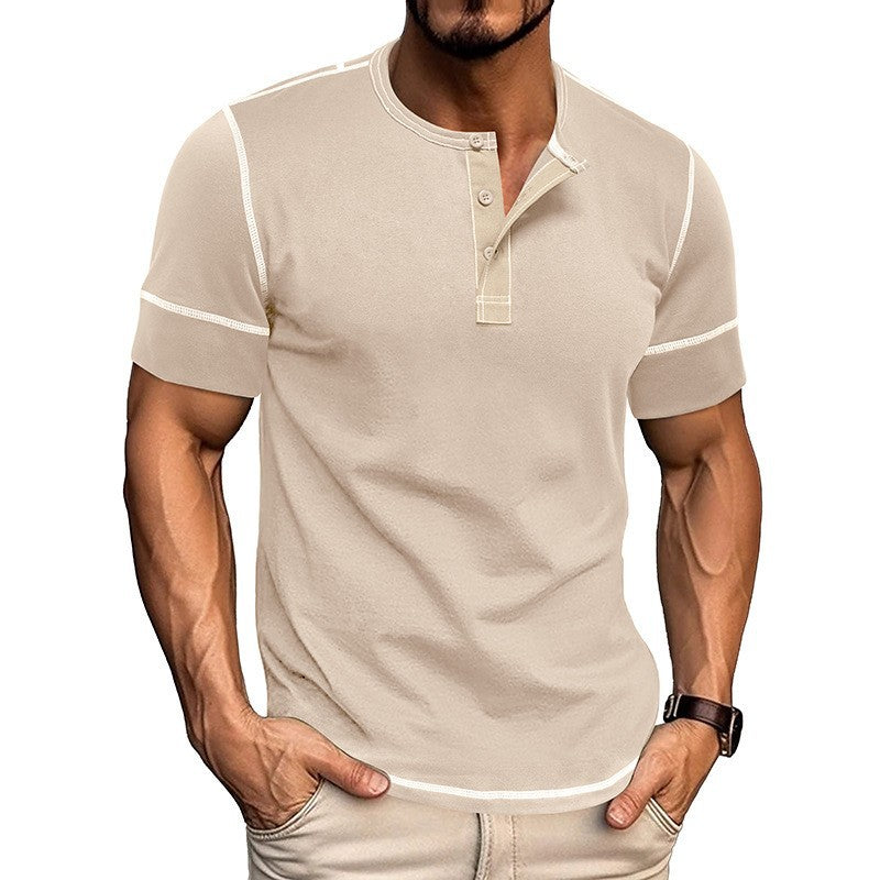 Herren Kurzarm Hemd mit modernem Henley-Kragen und stilvollen Kontrastnähten Echoarchiv