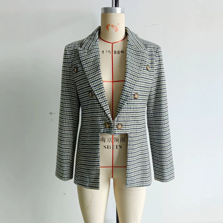 Damen Doppelreihiger Glencheck-Blazer mit taillierter Silhouette und kontrastiertem Innenfutter Echo Archiv