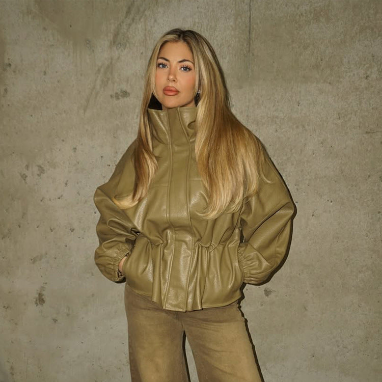 Damen Boxy Kunstlederjacke mit hohem Stehkragen, Tunnelzug-Taillierung und Ballonärmeln Echoarchiv