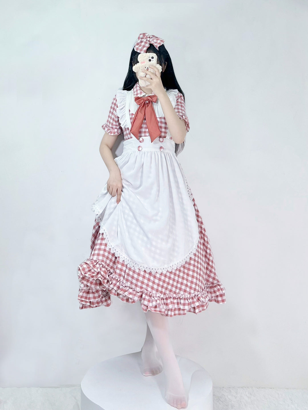 Damen nan vintage-inspiriertes Lolita-Kleid mit Karomuster Volants und abnehmbarer Schürze Echo Archiv