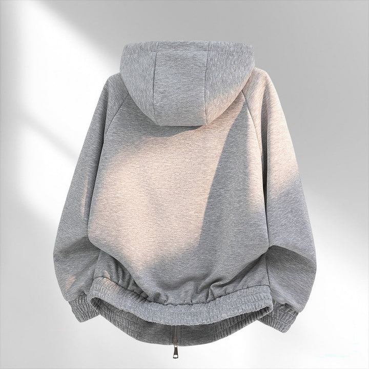 Damen Freizeit Sweat Bomber mit gestepptem Karostofffutter in der Kapuze und elastischem Saum – Célinea