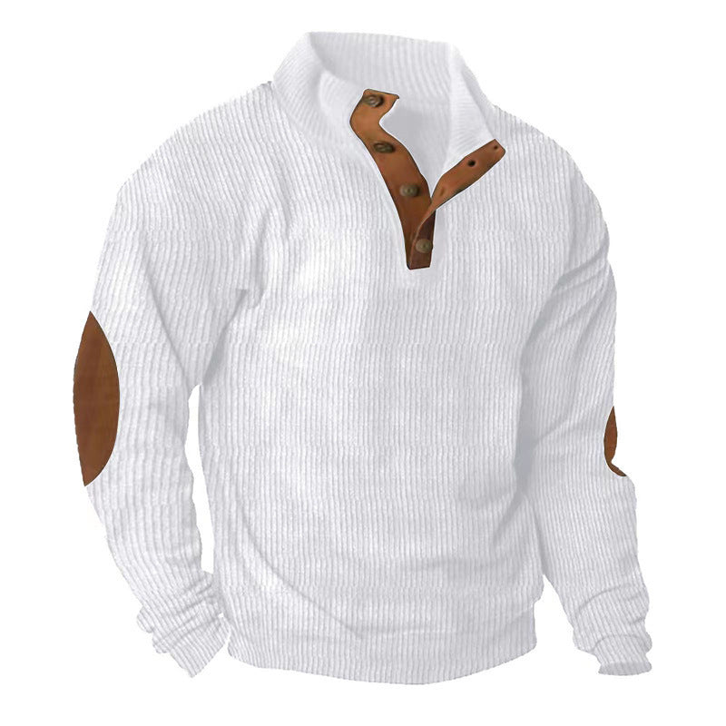 Herren nan grober Rippstrick-Pullover mit Stehkragen, Knopfleiste und markanten Ellenbogenpatches Echo Archiv