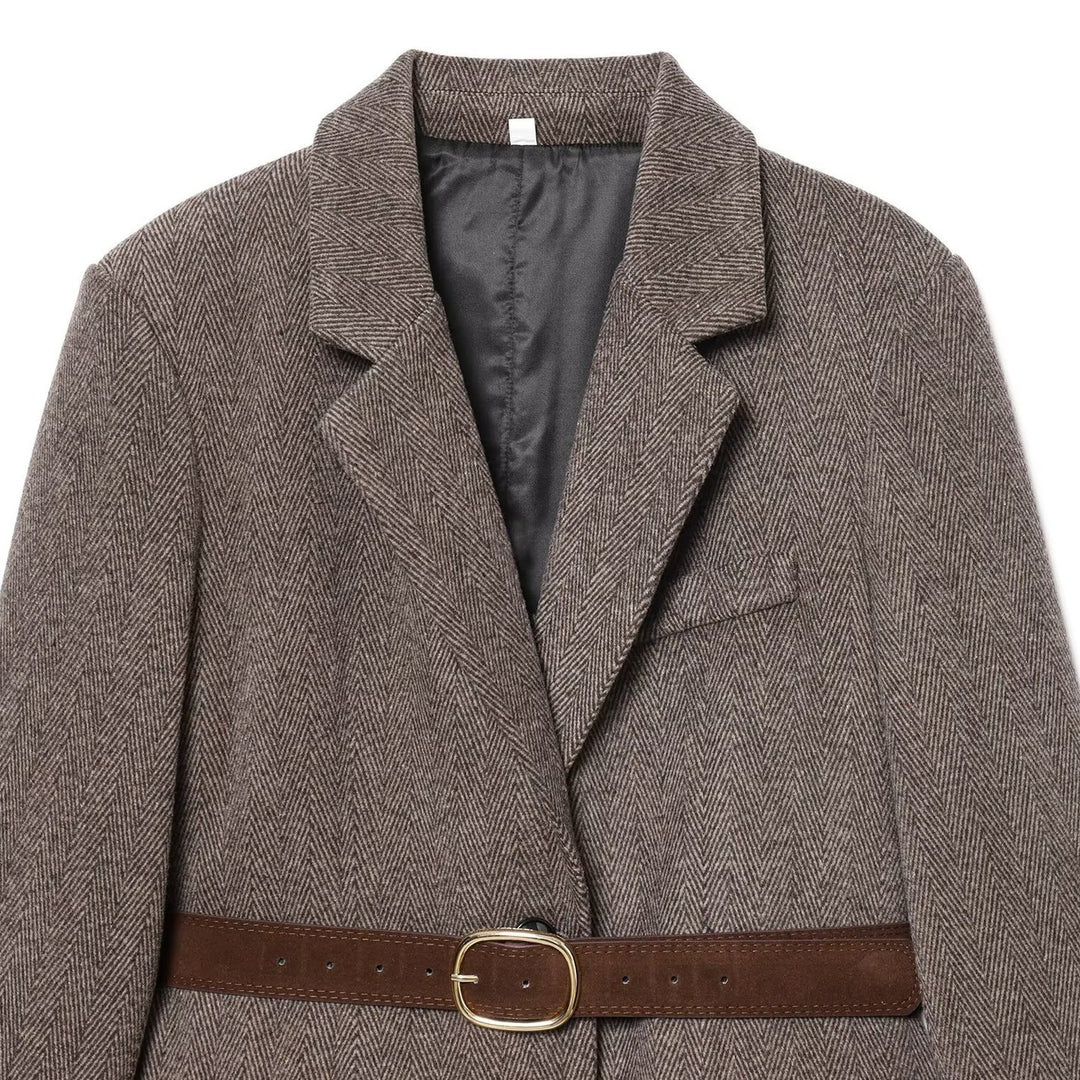 Damen Taillierter Herringbone-Blazer‑Mantel mit Bindegürtel Echoarchiv