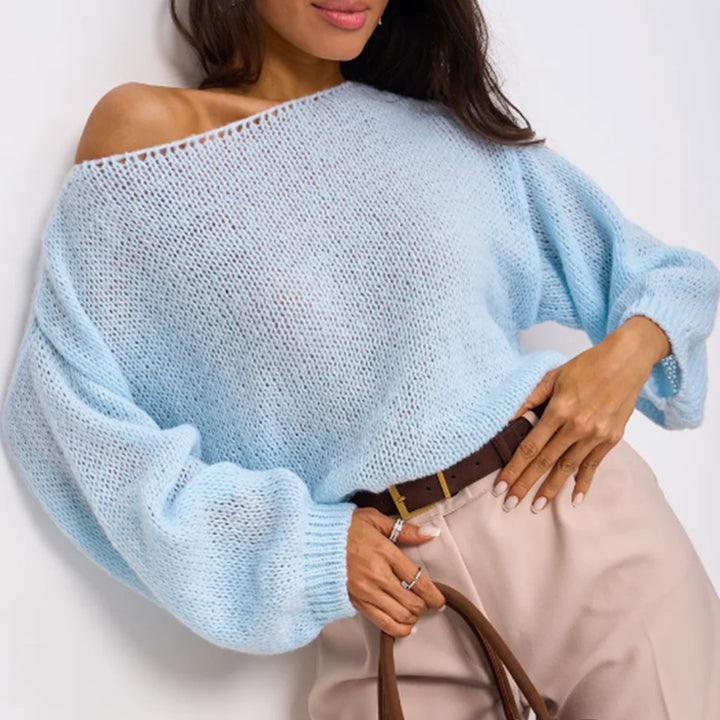 Damen Schulterfreier Mohair‑Optik Oversize-Pullover mit überschnittener Passform und kurzem Saum – Mavelle
