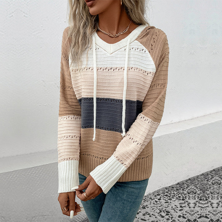 Damen Feinstrick-Kapuzenpullover mit Blockstreifen, V-Ausschnitt und Rippenbündchen Echoarchiv