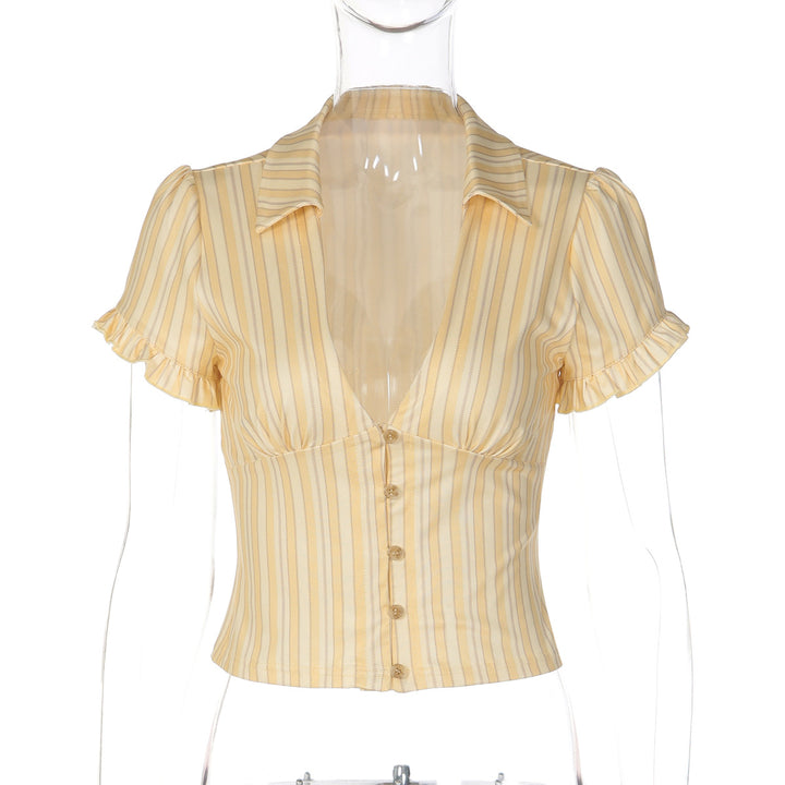 Damen Kurzarm Bluse mit Rüschendetails und V-Ausschnitt Echo Archiv