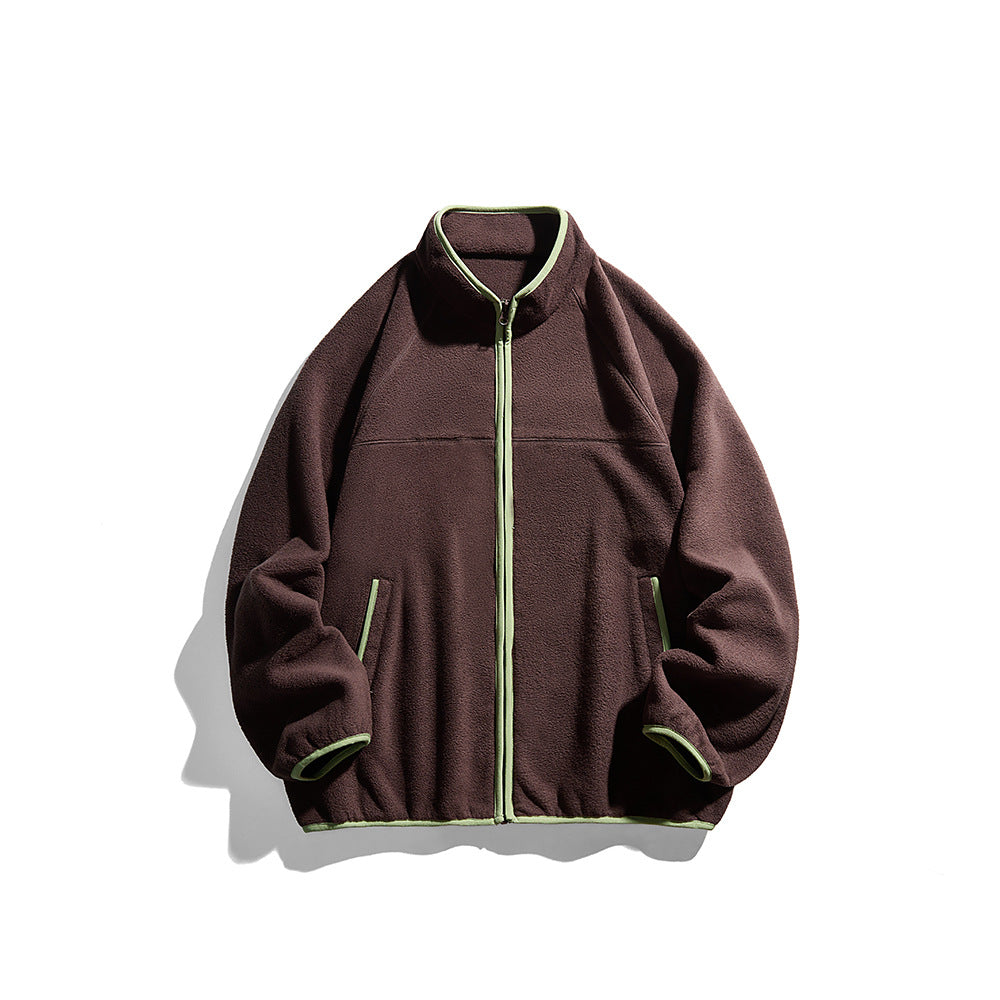 Unisex Oversize Fleecejacke mit Stehkragen, durchgehendem Reißverschluss und Kontrastpaspeln Echoarchiv