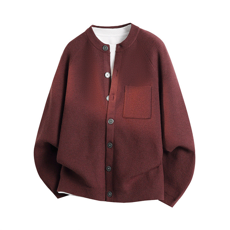 Unisex Leichter Feinstrick-Cardigan mit Rundhalsausschnitt, Brusttasche und Raglanärmeln Echoarchiv